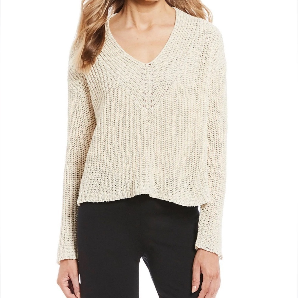 Eileen Fisher Ivory Organic Cotton Blend V Neck Sweater Size Large
